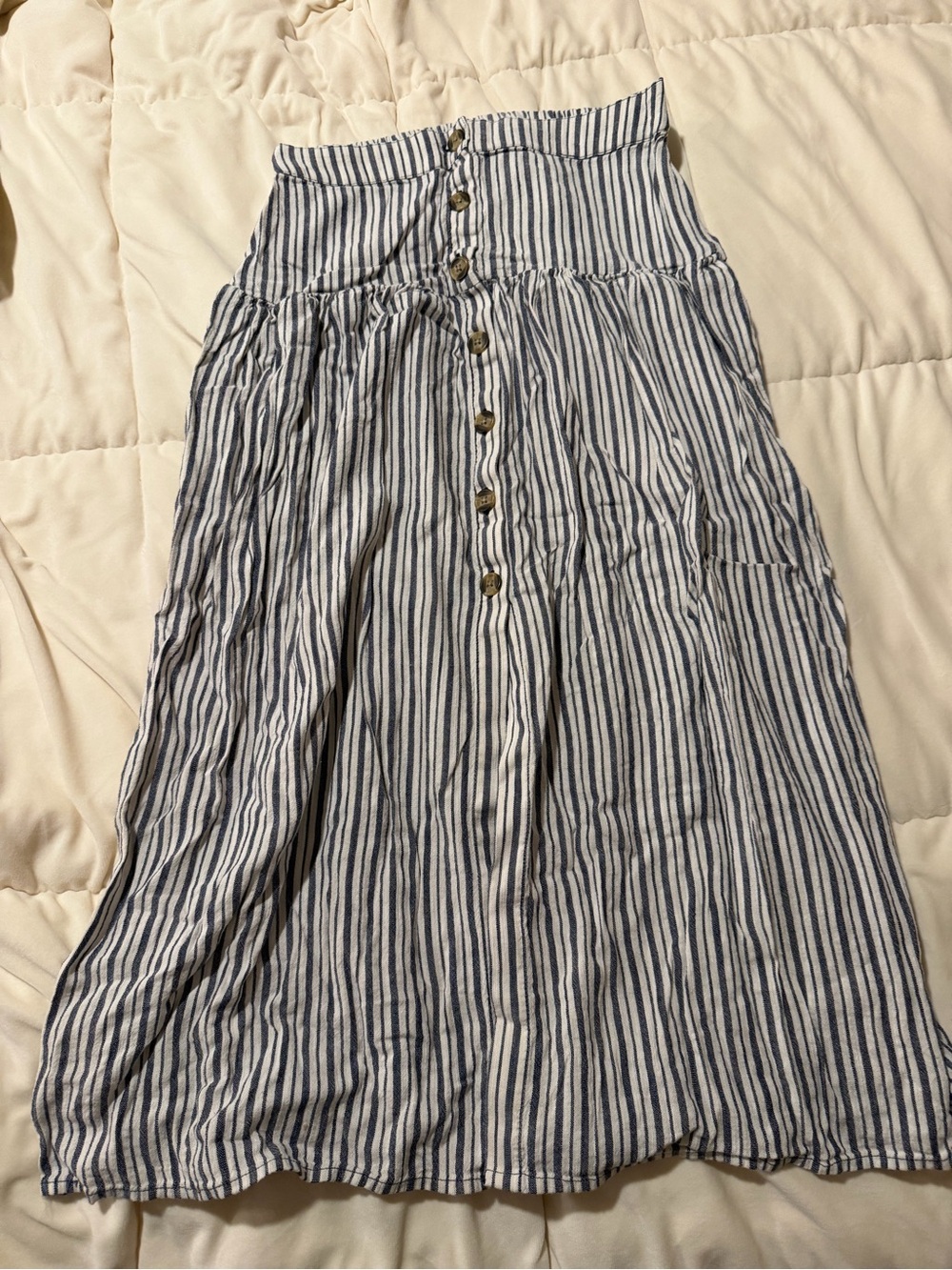 American Eagle Outfitters Blue and White Striped Button-Front Midi Skirt